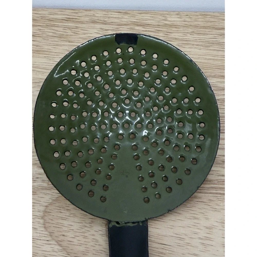 Vintage Hanging Enamelware Strainer Spoon Green & Black MCM Made in Poland #29‎